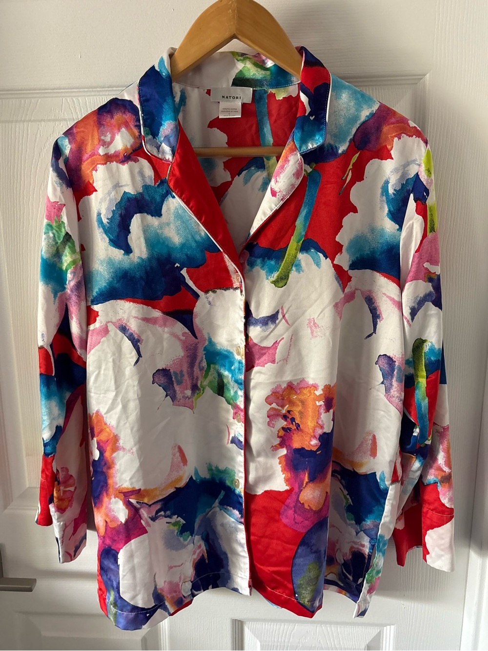 Natori Watercolor Floral Satin Pajama Notch Top - Size L